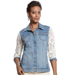 Chicos jean jacket with lace sleeves